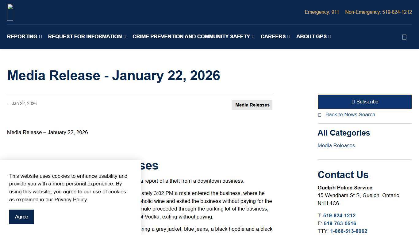 Media Release - January 22, 2026 Guelph Police Service